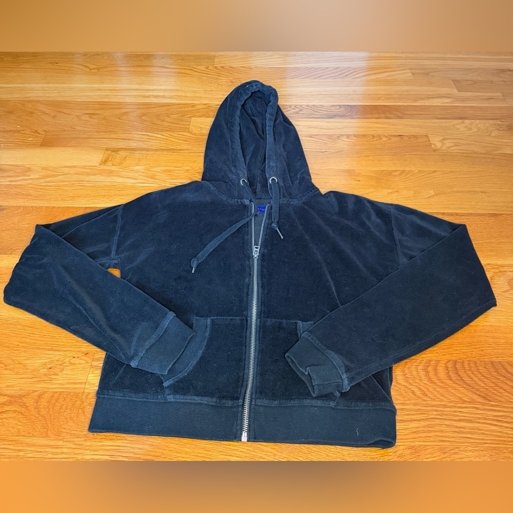 Aéropostale Y2K Black Velour Zip Up Hoodie XS Cropped Lounge Jacket